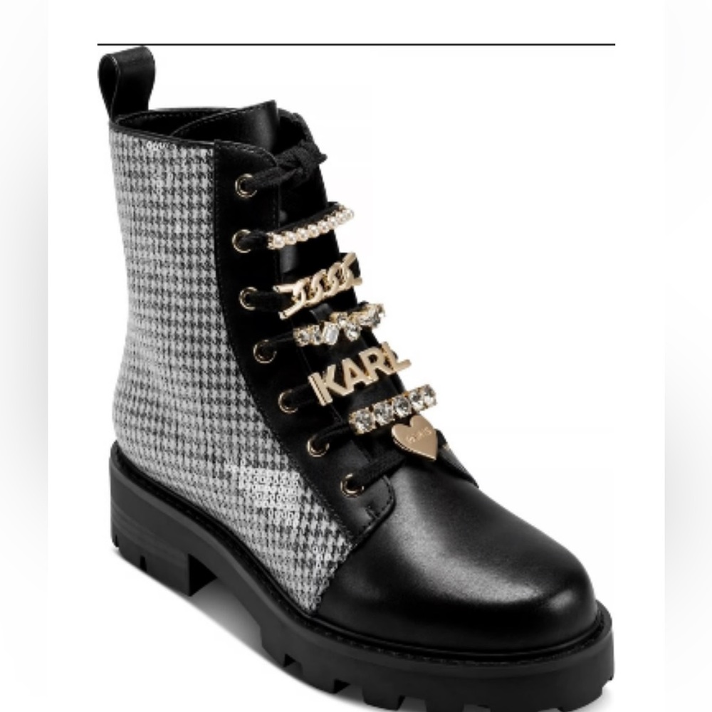 NWT Karl Lagerfeld Paris Mela tweed combat boot with houndstooth pattern. 🖤🤍